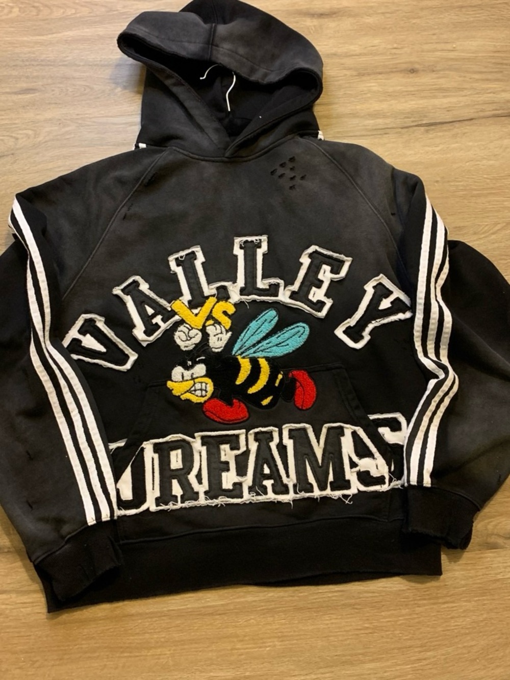 Men's V-Neck Sweater Hoodie in Black with Yellow Bee Graphic